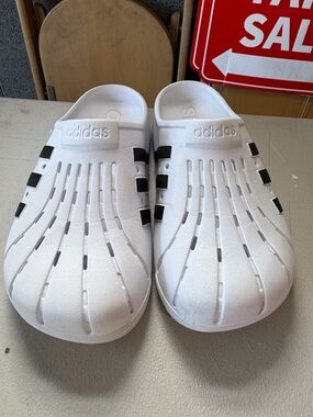 adidas White Slip-On Sandals with Black Accents